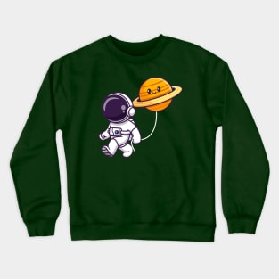 Cute Astronaut Walking With Cute Saturn Planet Cartoon Crewneck Sweatshirt